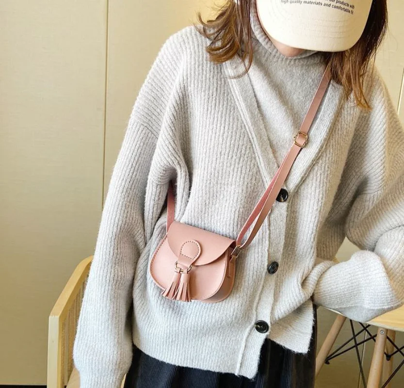小さな女の子のためのpuレザーハンドバッグ,かわいいプリンセスアクセサリー,タッセル付きの小さなショルダーバッグ