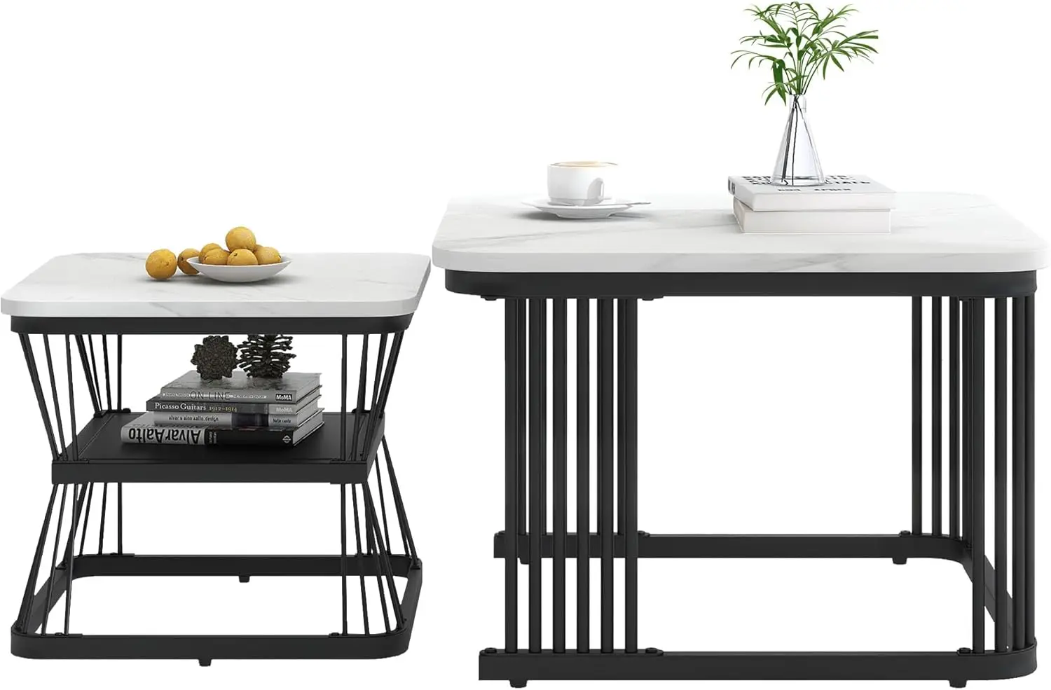 Merax Quadratisch Couchtisch 2er Set, Moderner Wohnzimmertisch mit Marmormuster, Matt Satztisch mit Storage,