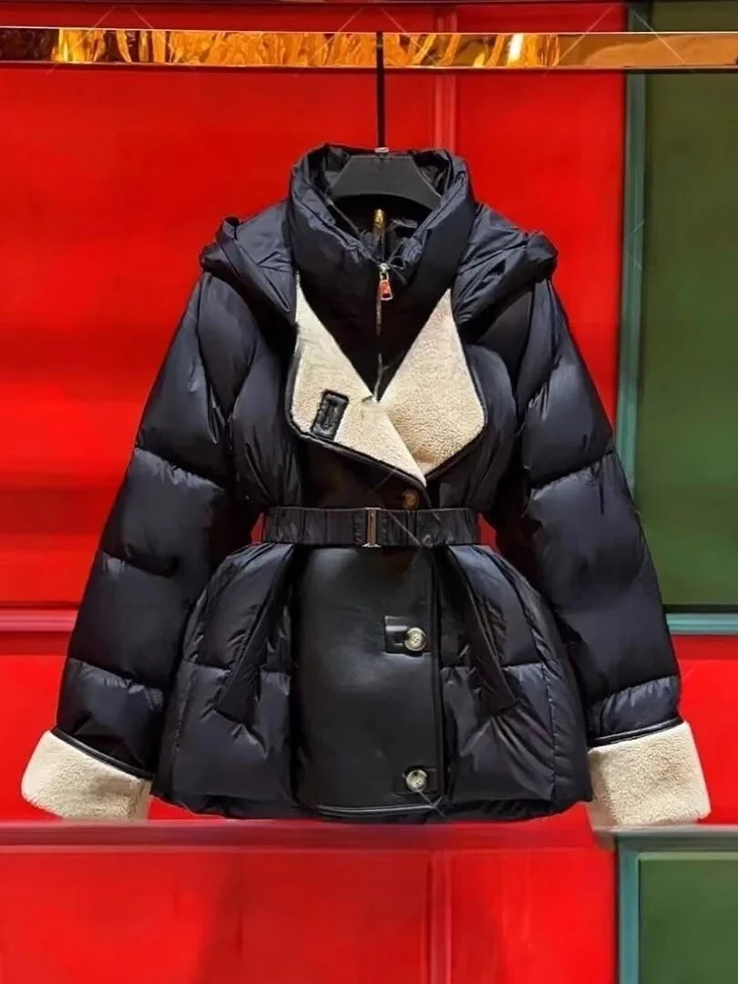 ฤดูหนาว Patchwork PU หนังหลวม Parkas หญิง Hooded กับเข็มขัดลงเสื้อแจ็คเก็ตเป็ดสีขาวลง Casual Coat หญิง Puffer Jacket