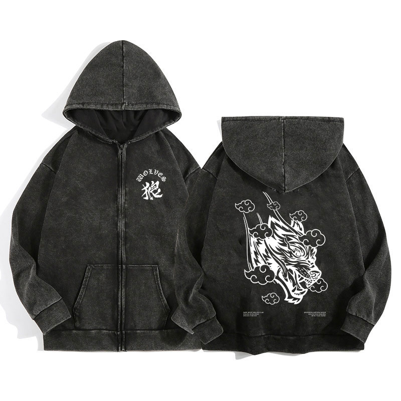 Darc Wolves Sport sweat à capuche zippé pour hommes femmes coton imprimé gothique Harajuku veste sweats à capuche décontracté Manga pull