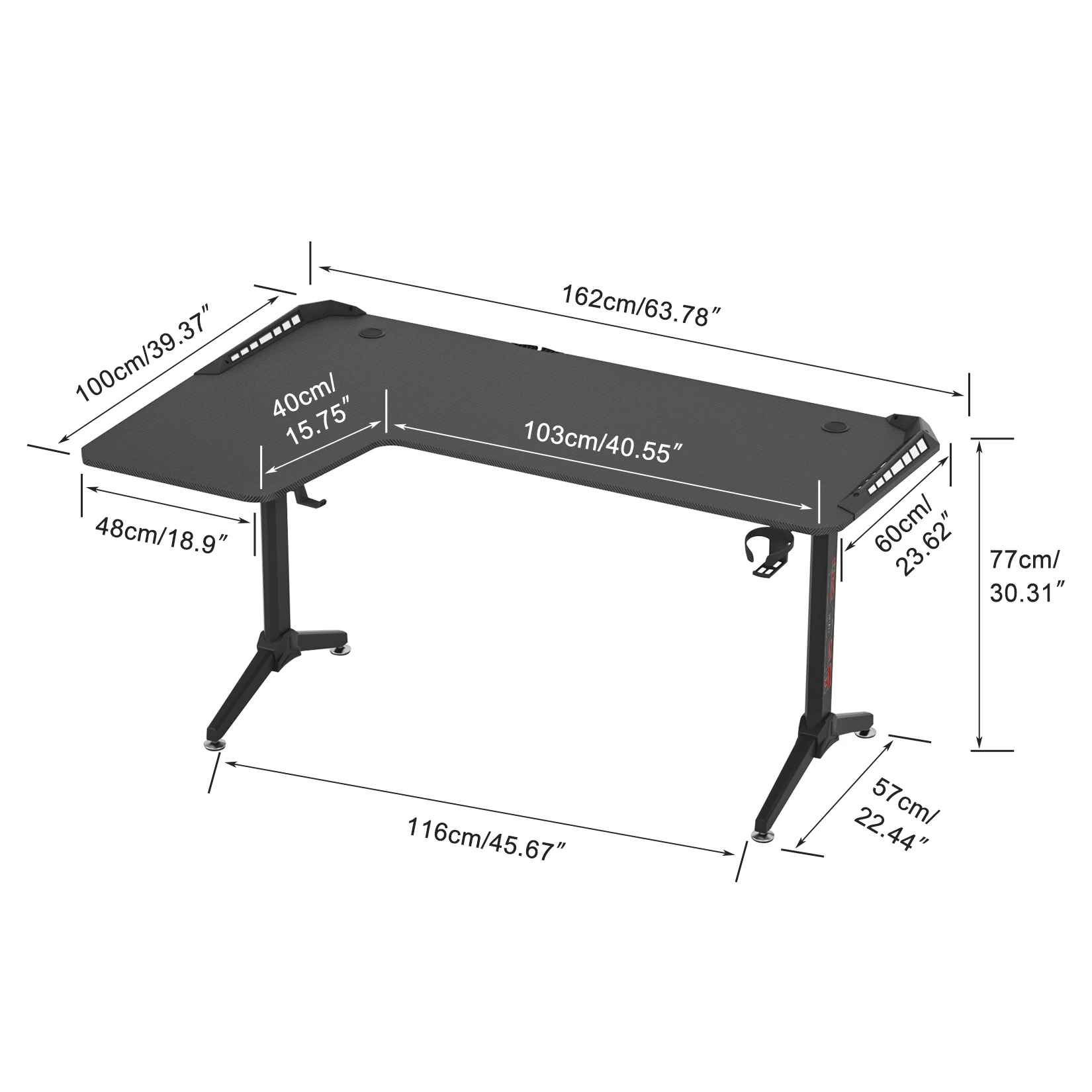 XXXL scrivania da gioco ad angolo grande tavolo per Computer da gioco a forma di L tavolo illuminato a LED RGB con portabicchieri e gancio per cuffie