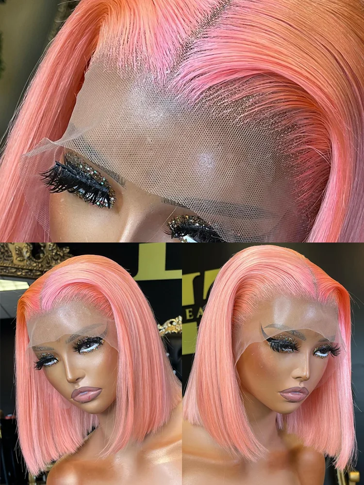 Pelucas de cabello humano Bob de color corto rosa, pelucas frontales de encaje recto brasileño 13X4, peluca de color prearrancada de encaje transparente