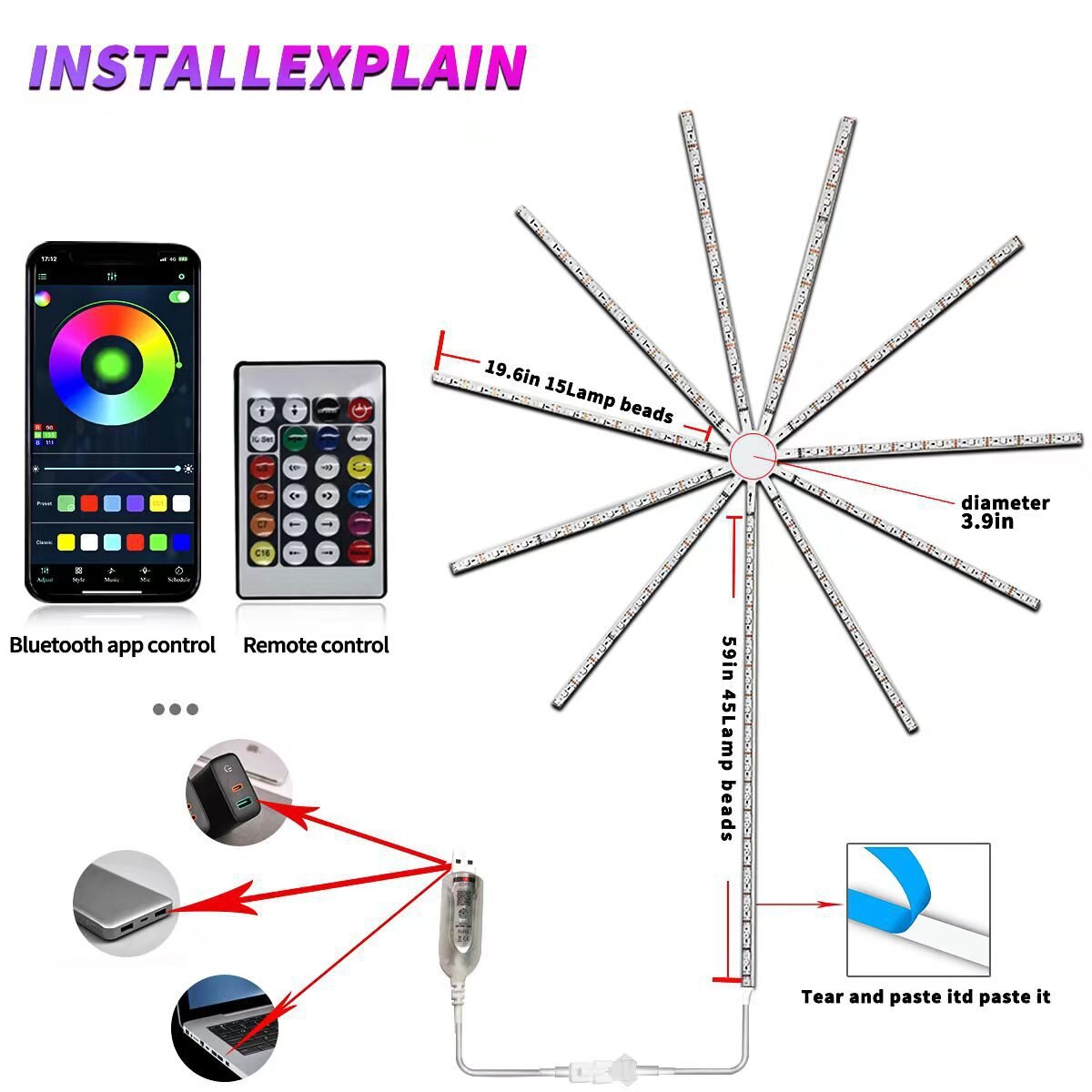 Smart Fireworks LED 5V Strip Light Kit with Remote Control Neon for Party New Year Christmas Bedroom Decoration Gift Lights