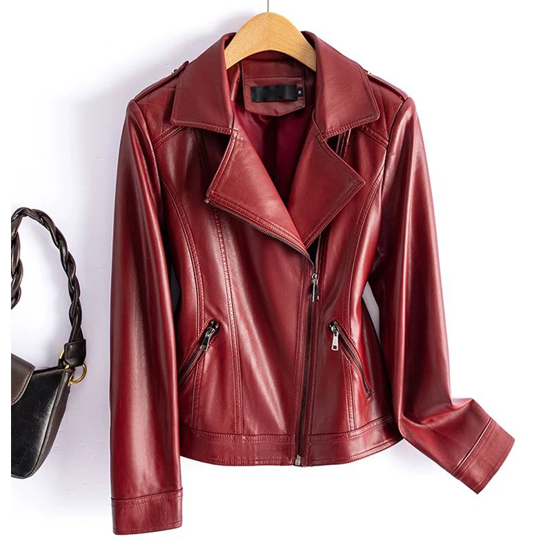 M-6XL Chic Vin Rouge Split Vestes En Peau De Mouton Mode Fermeture Éclair Femmes Courtes Manches sulfMoto Biker Vestes Casual Combiné En Cuir