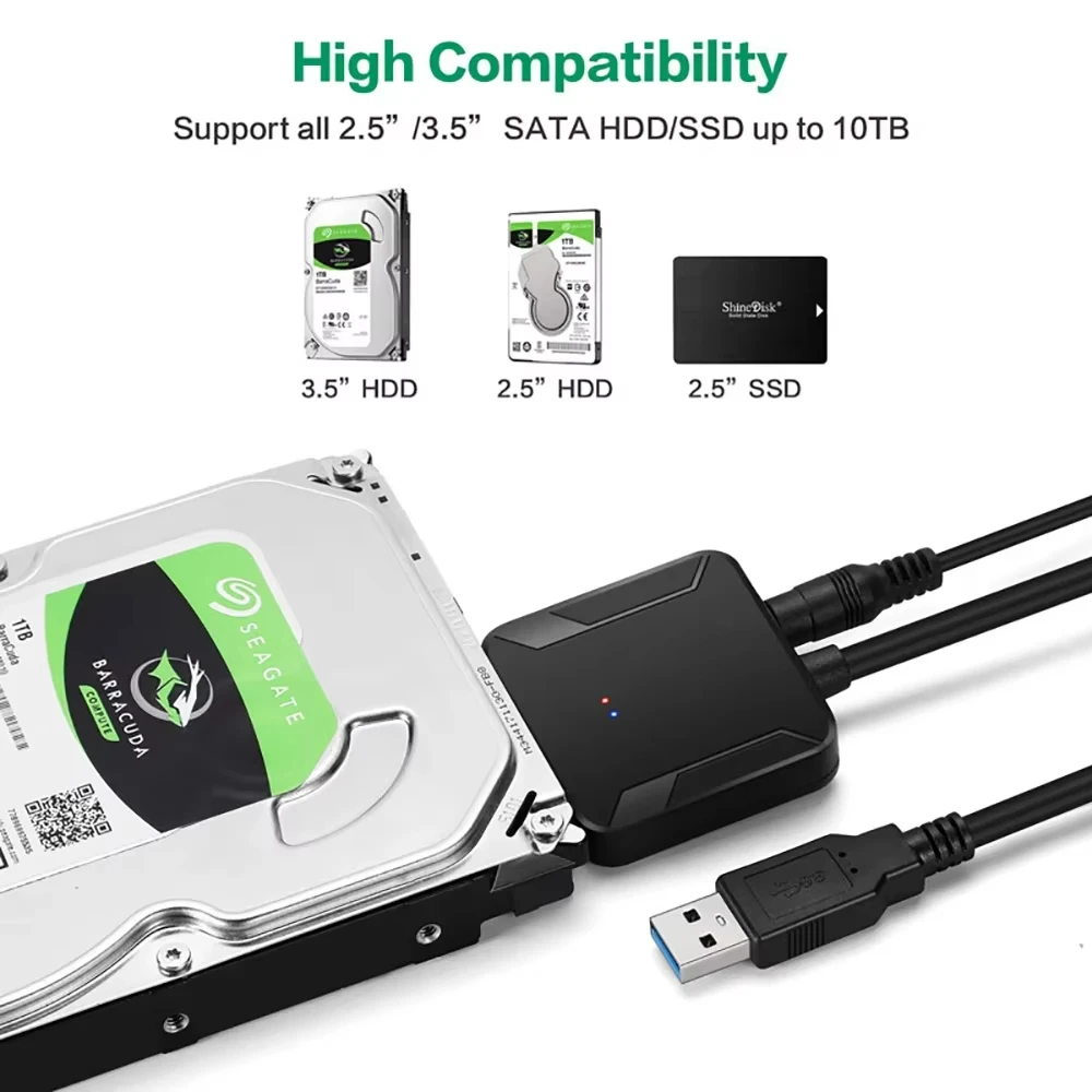 Cable adaptador SATA a USB3.0 para disco duro SSD HDD SATA III de 3,5/2,5 pulgadas, compatible con UASP con adaptador de corriente de 12V