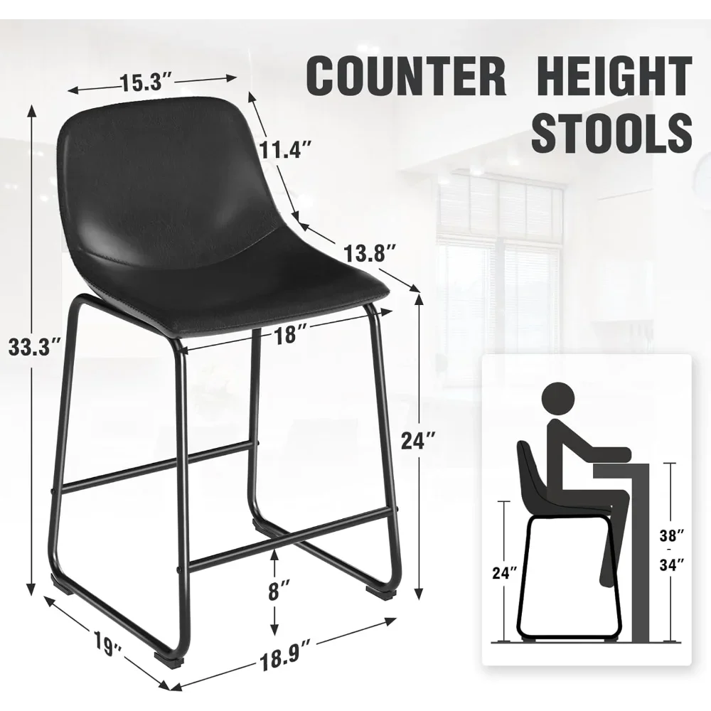 Counter Height Bar Chairs Set of 3, Black Modern Counter Stools with Back & Metal Legs, Armless Dining Chairs for Kitchen Island