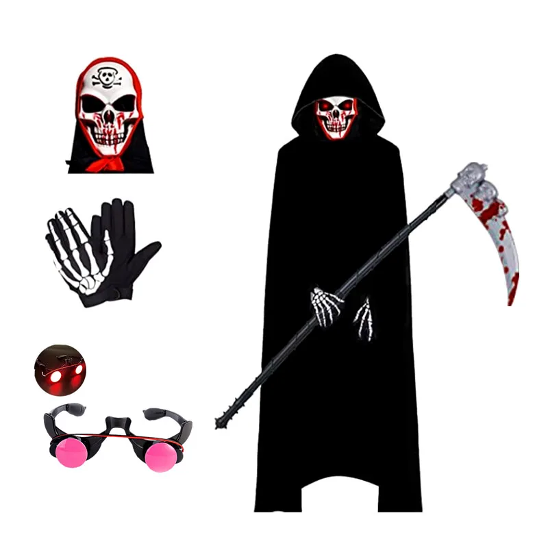 ฮาโลวีนเครื่องแต่งกายที่น่ากลัว Grim Reaper เครื่องแต่งกายสําหรับเด็กเครื่องแต่งกายเรืองแสงตาสีแดงพร้อมหน้ากากถุงมือ
