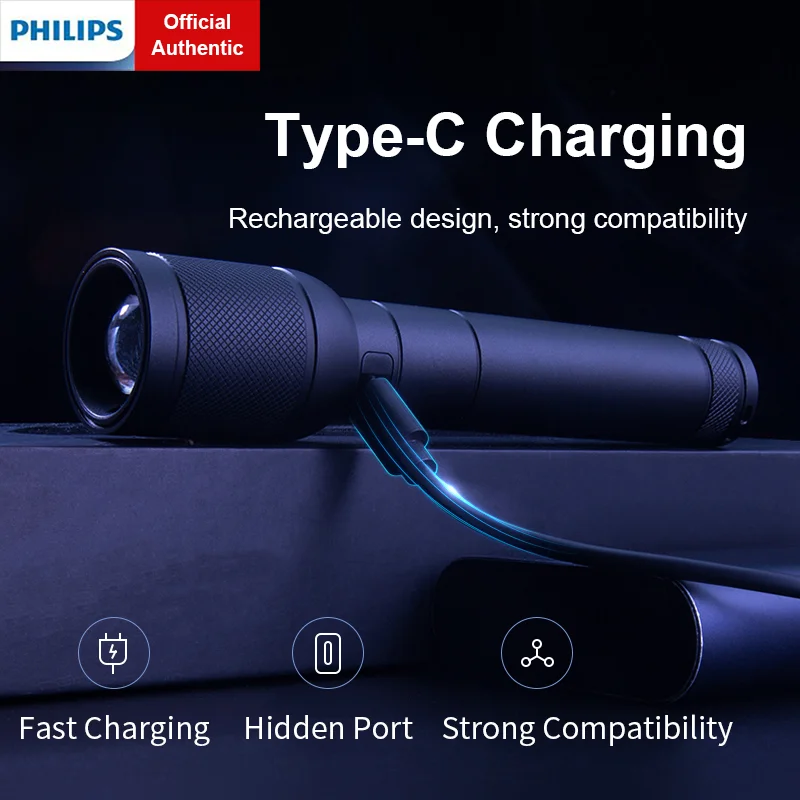 Linterna portátil con zoom óptico Philips con 4 modos de iluminación USB C recargable para acampar autodefensa