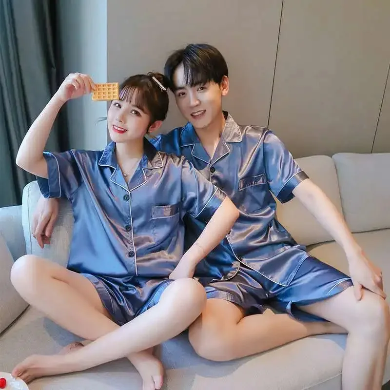 สีทึบชุดนอนผ้าไหมซาตินชุดนอนคู่ชุดแขนสั้นชุดนอน Pijama ผู้หญิงผู้ชาย Loungewear PLUS ขนาด Pj ชุด