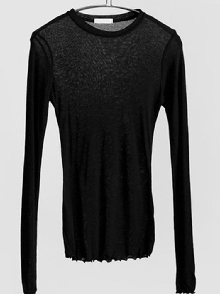 T-shirt tinta unita di alta qualità T-shirt basic elastiche da donna Top casual femminile T-shirt sottile sexy a maniche lunghe trasparente