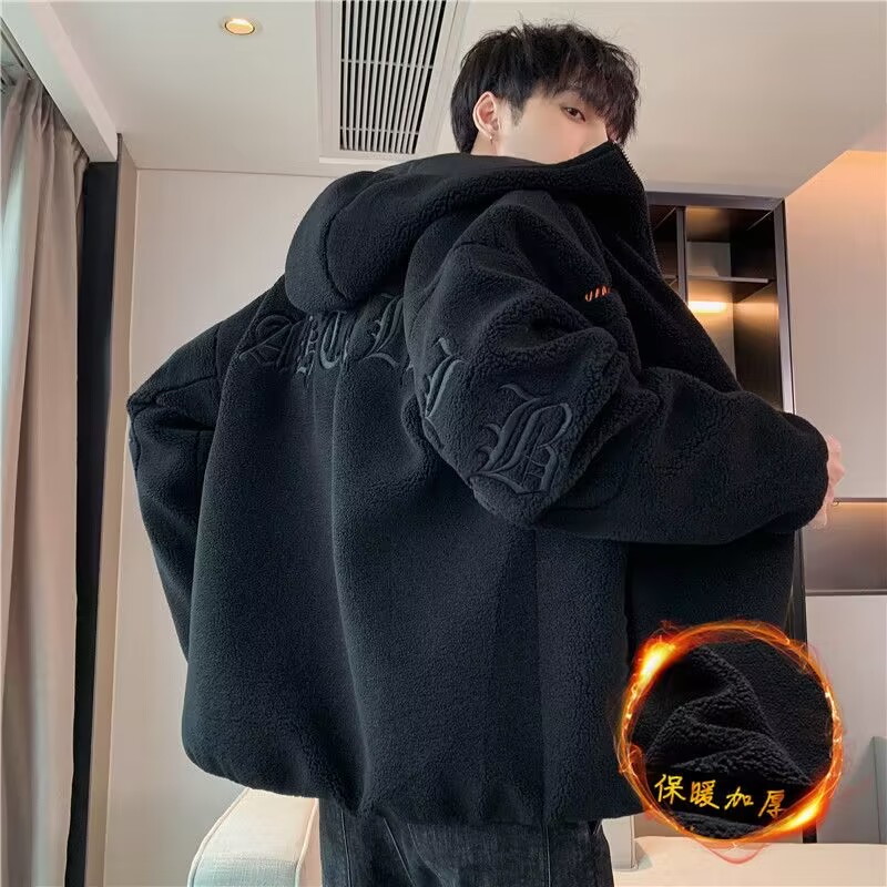 Jaqueta de Aodão com Capuz Forrada em Veludo de Cordeiro, Nova Jaqueta Masculina 2026, Estilo Solto e Moderno, Casaco de Al...