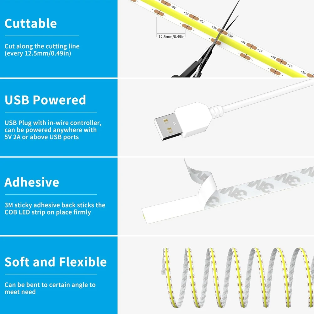 USB Tuya Zigbee COB LED Strip 5V 1m 2m Warm Natural white Dimmable Tape Lamp Night Light Room Decor For Alexa Google SmartThings