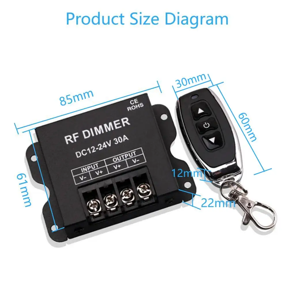 Controlador atenuador LED 30A de bajo voltaje 12-24V con Control remoto inalámbrico RF de 3 teclas para tira de cadena de iluminación LED de un solo Color