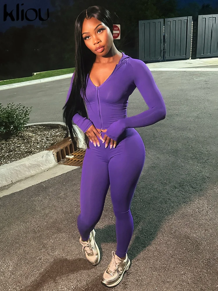 Kliou-Conjunto informal de 2 piezas para mujer, chándales clásicos, Tops lisos de manga larga con cremallera y pantalones elásticos ajustados, trajes deportivos concisos