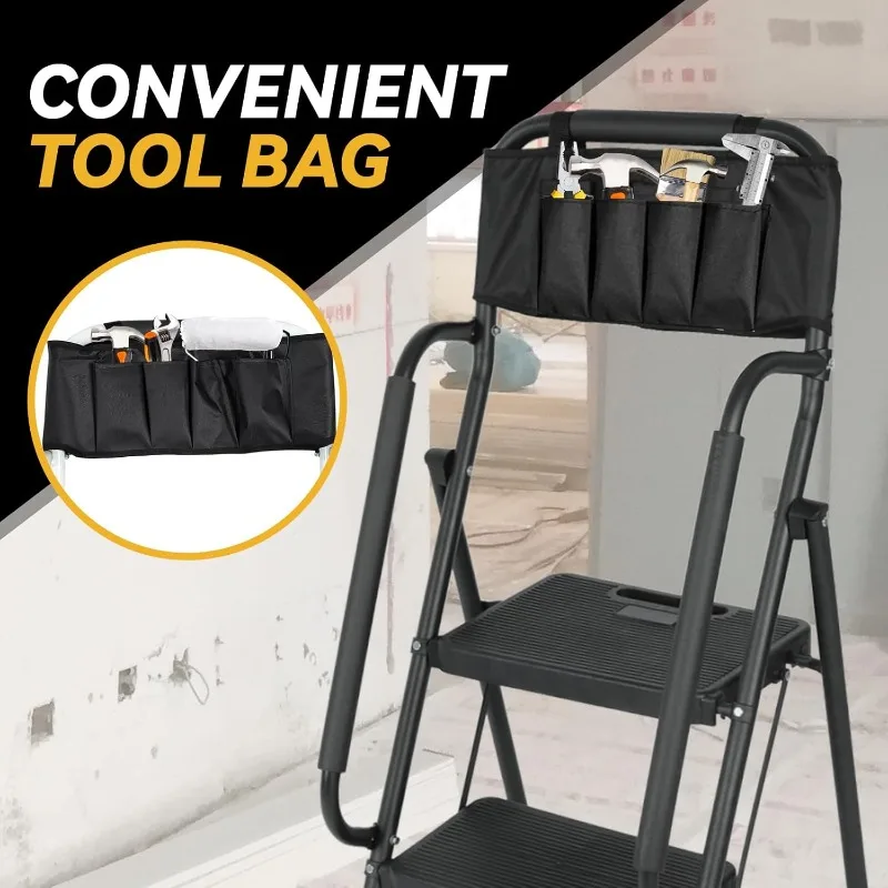 4 Step Ladder with Handrails & Attachable Tool Bag, 330 lbs Folding Step Stool Ladder, Wide Non-Slip PedalBlack