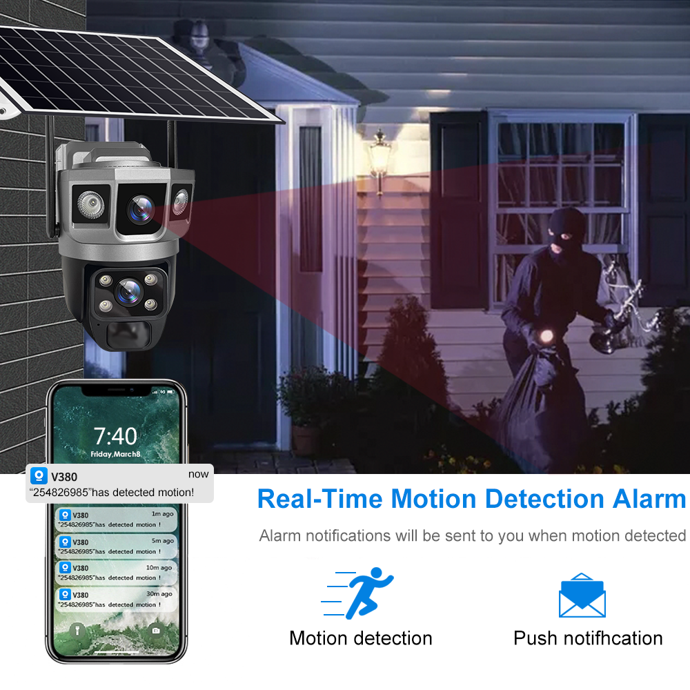V380 Pro 12MP Solar WIFI IP Camera CCTV Due lenti Tre schermi Auto Tracking Telecamera PTZ di sorveglianza di sicurezza esterna 6K
