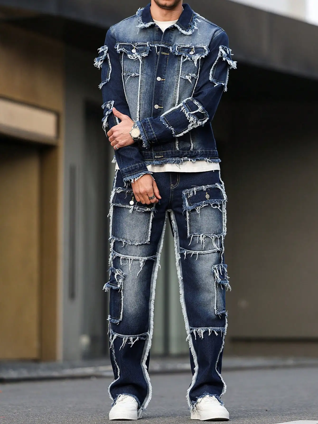 Terno jeans masculino primavera e outono, design com vários bolsos, estilo calças largas e retas