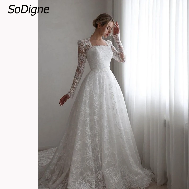 SoDigne A-line Boho Abito da sposa in pizzo Maniche lunghe Colletto quadrato Abiti da sposa Abiti da sposa lunghi Abiti da sposa Personalizzati