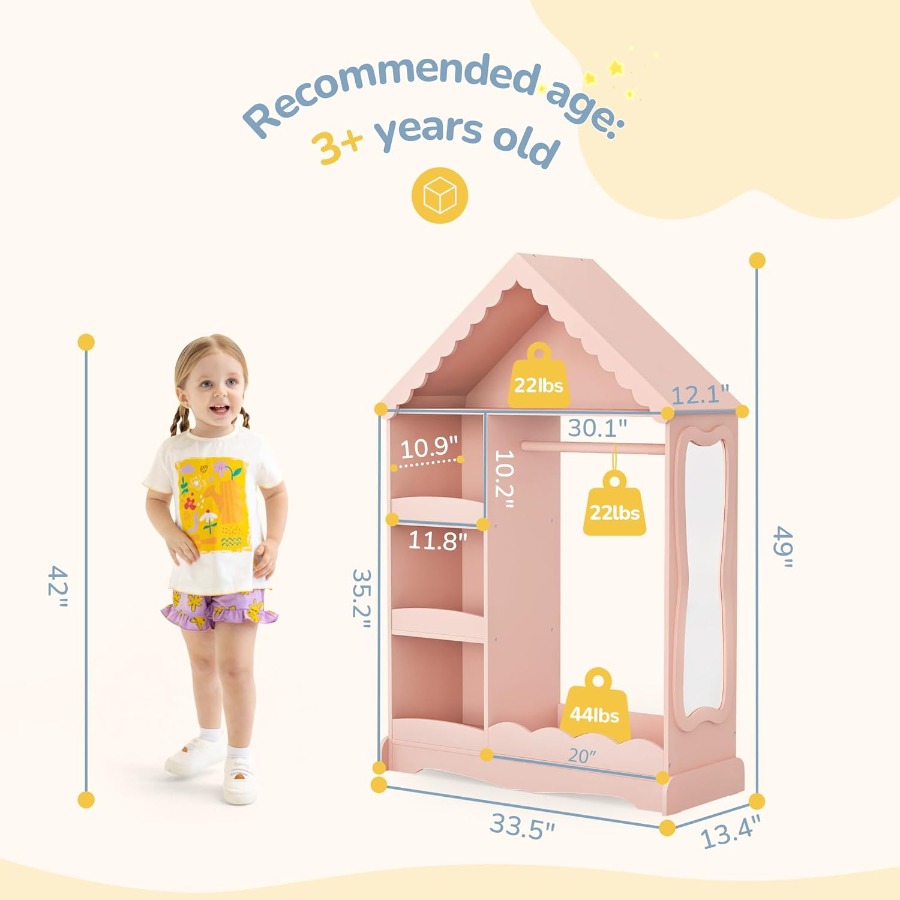 Pink Dollhouse Dress Up Storage with Full-Length Mirror and Motion Sensor Light Open Hanging Wardrobe Closet for Toddlers Costu