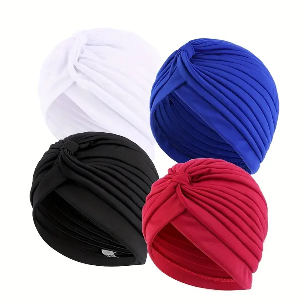 4 pçs/set cor sólida turbante boné elástico cabeça cachecol feminino quimio chapéus casual plissado cabeça envoltório