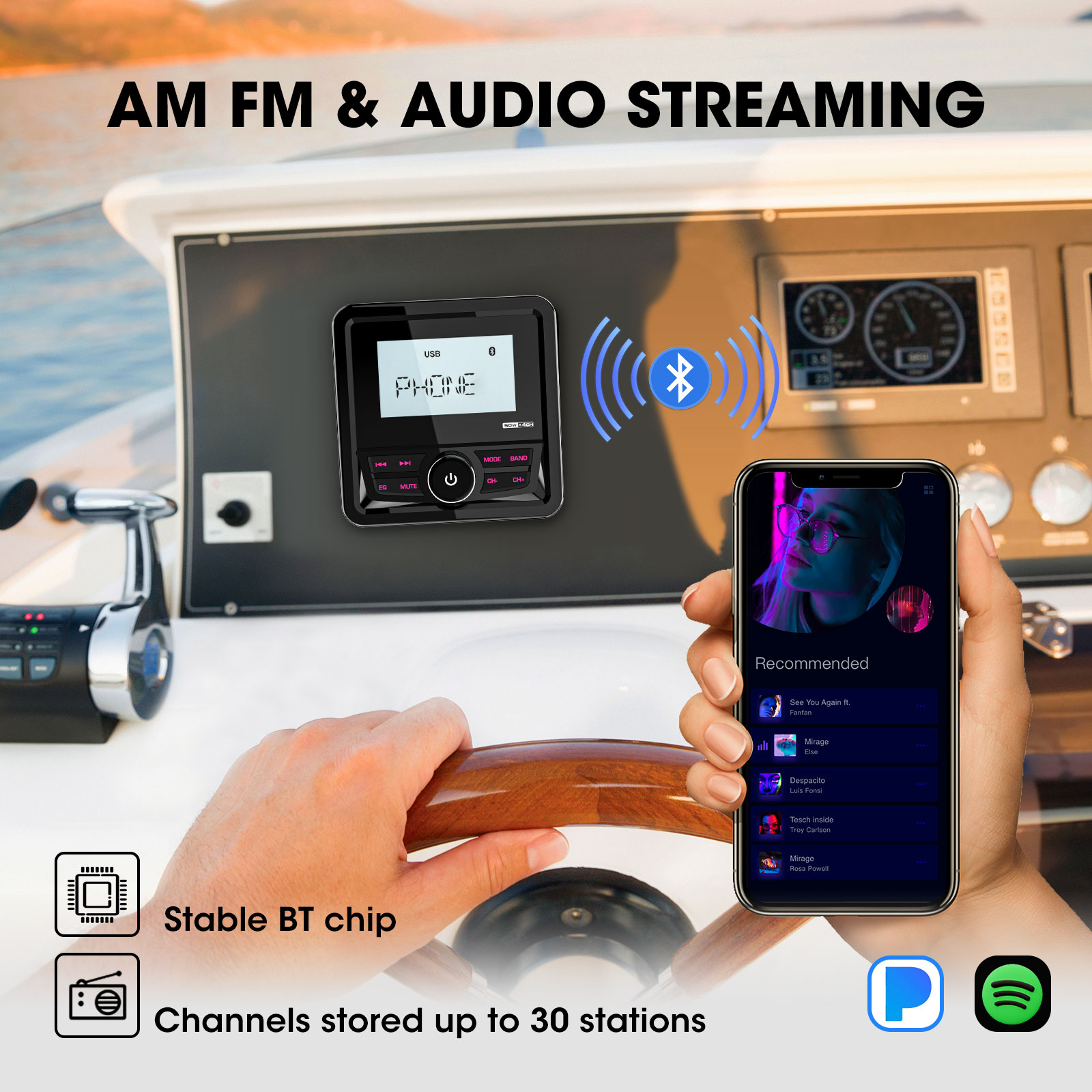 GRANDnavi マリンラジオボートステレオ Bluetooth FM AM デジタルメディアオーディオプレーヤー防水ヨット ATV UTV ゴルフカートオートバイ