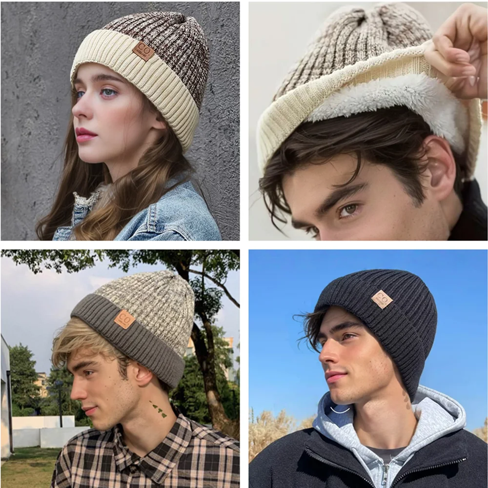Novos chapéus de inverno unissex de dois tons adicionam forrados de pele homens e mulheres moda gorro quente casual inverno chapéus de malha
