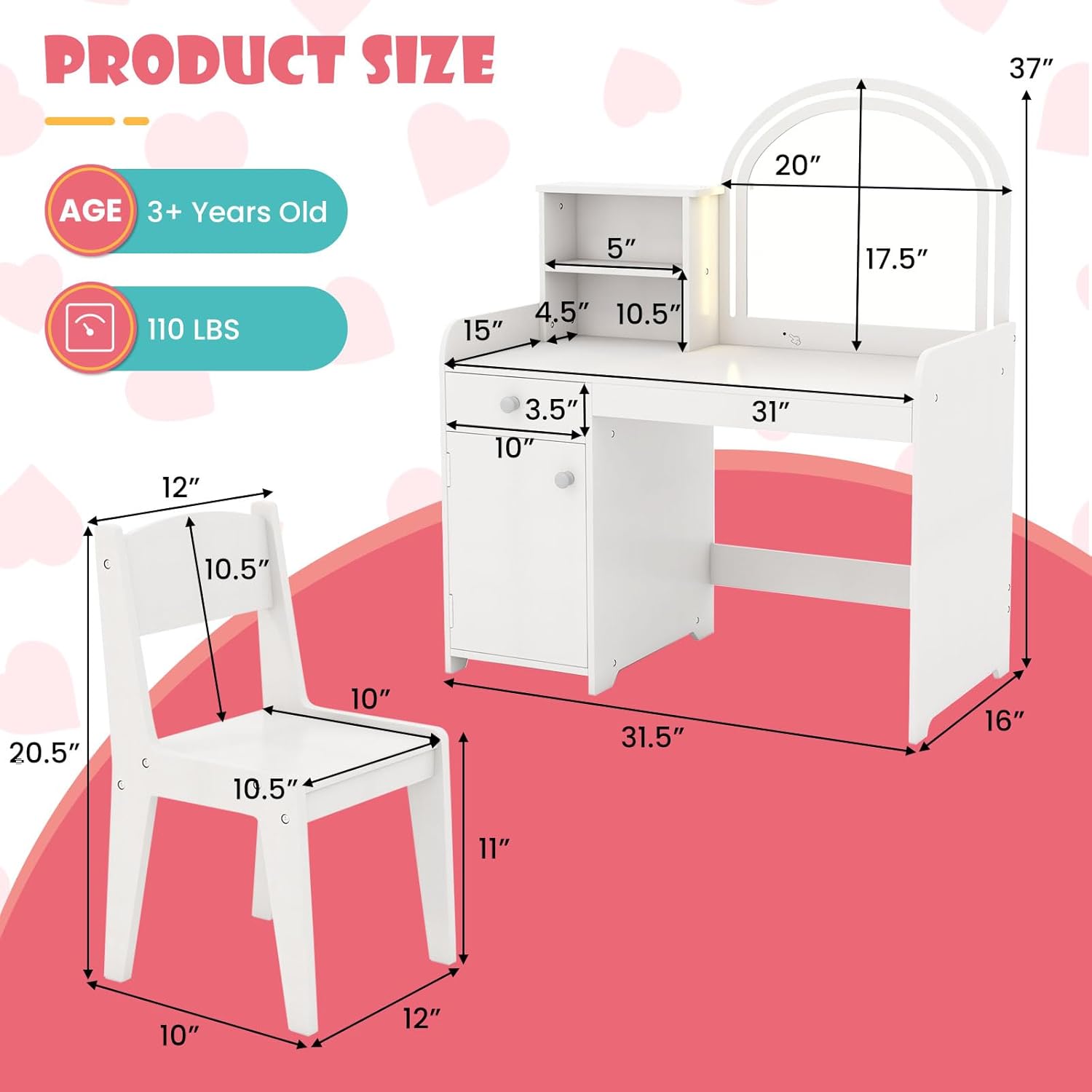 Kids Vanity, Princess Makeup Desk and Chair Set with Lights Mirror Drawer Storage Shelves, Wooden Dressing Table, Pretend Play