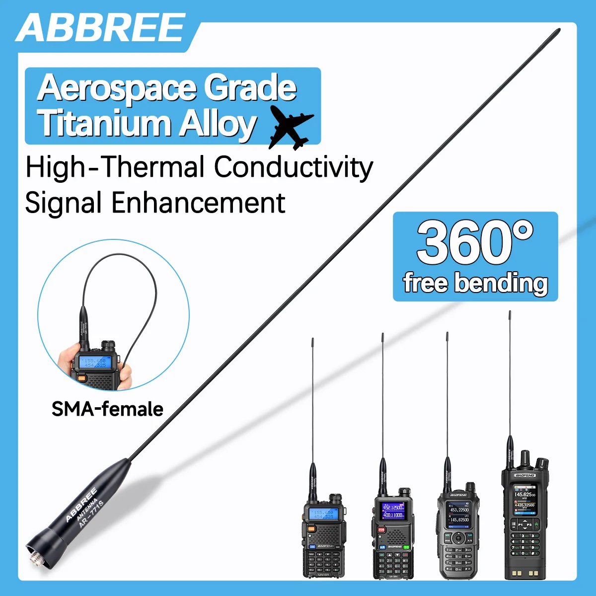 ABBREE AR-771S Aviation+Titanium SMA-Buchse Material Dual Band Antenne für Quansheng UV-K6 TK11 Baofeng UV-5R UV-32 UV-21 PRO V2