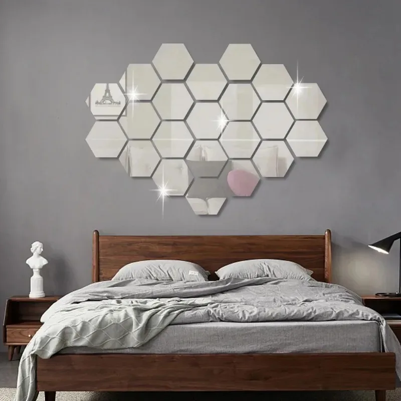 12 Uds. Pegatinas de pared de espejo hexagonal, autoadhesivas, pegatinas de pared removibles, azulejos de mosaico dorados y plateados, calcomanías para decoración del hogar y dormitorio