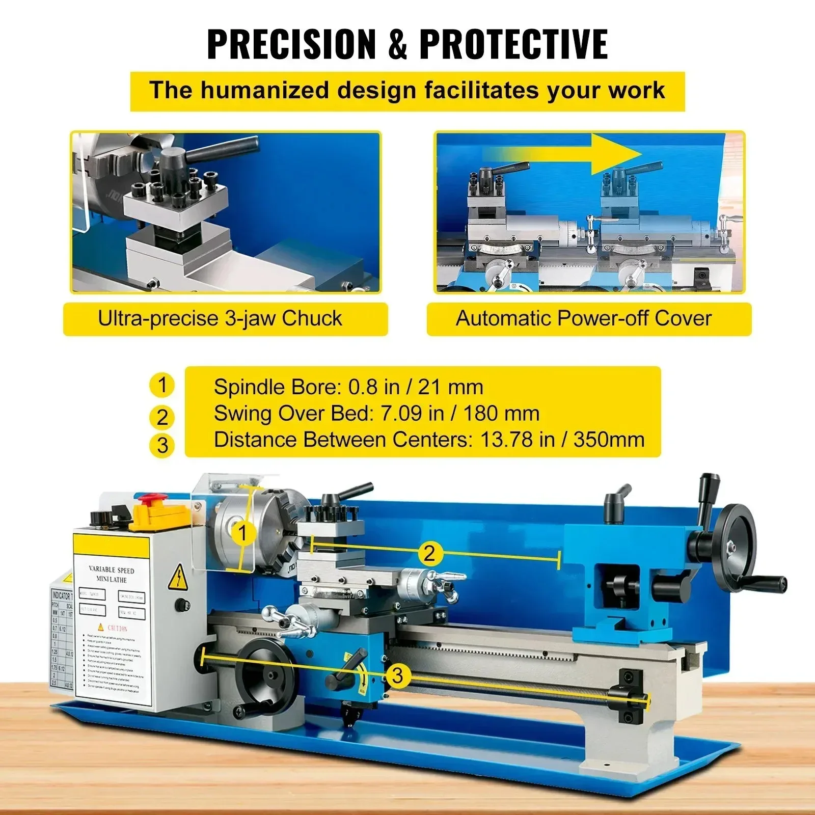 Sihao Mini Metal Lathe 550W Metal Mini Lathe 180x350mm Tool Precision Machine Metalworking Home Tool Speed Milling Metal Turning