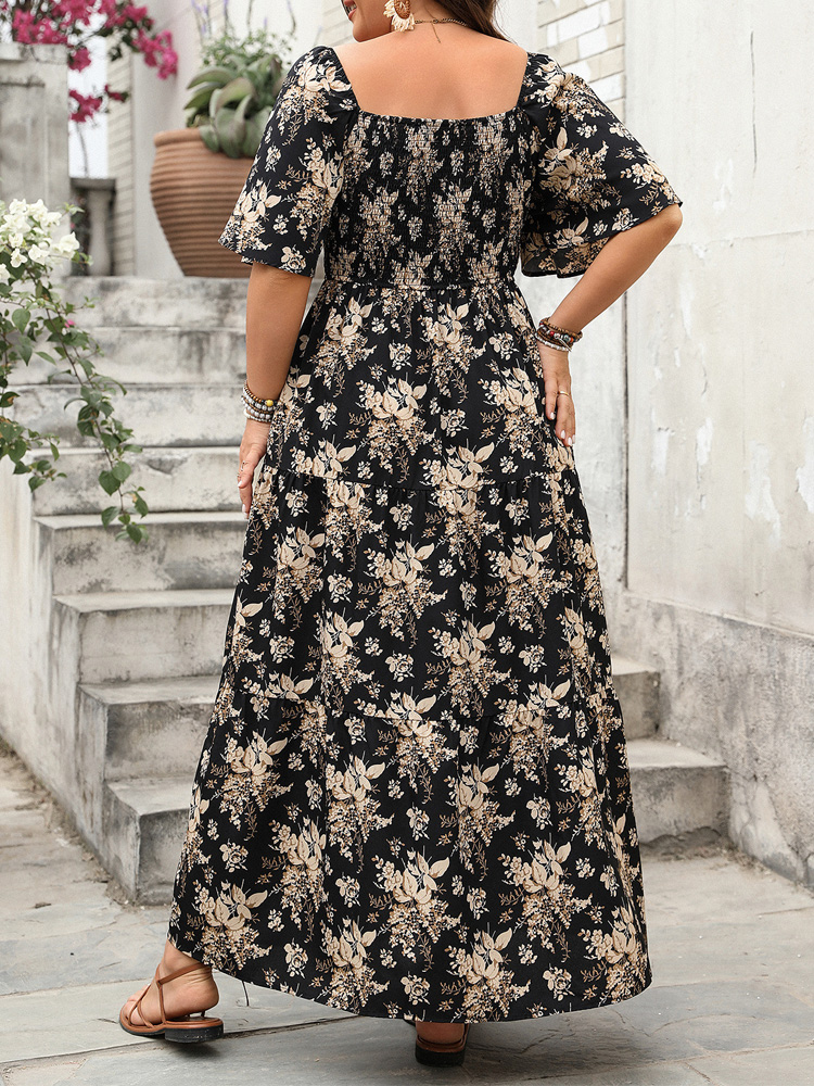 GIBSIE Plus Size Maxikleid mit quadratischem Ausschnitt und Blumendruck für Damen, Sommer, 2025, Knoten vorne, aushöhlen, Boho-Urlaub, große Swing-Kleider
