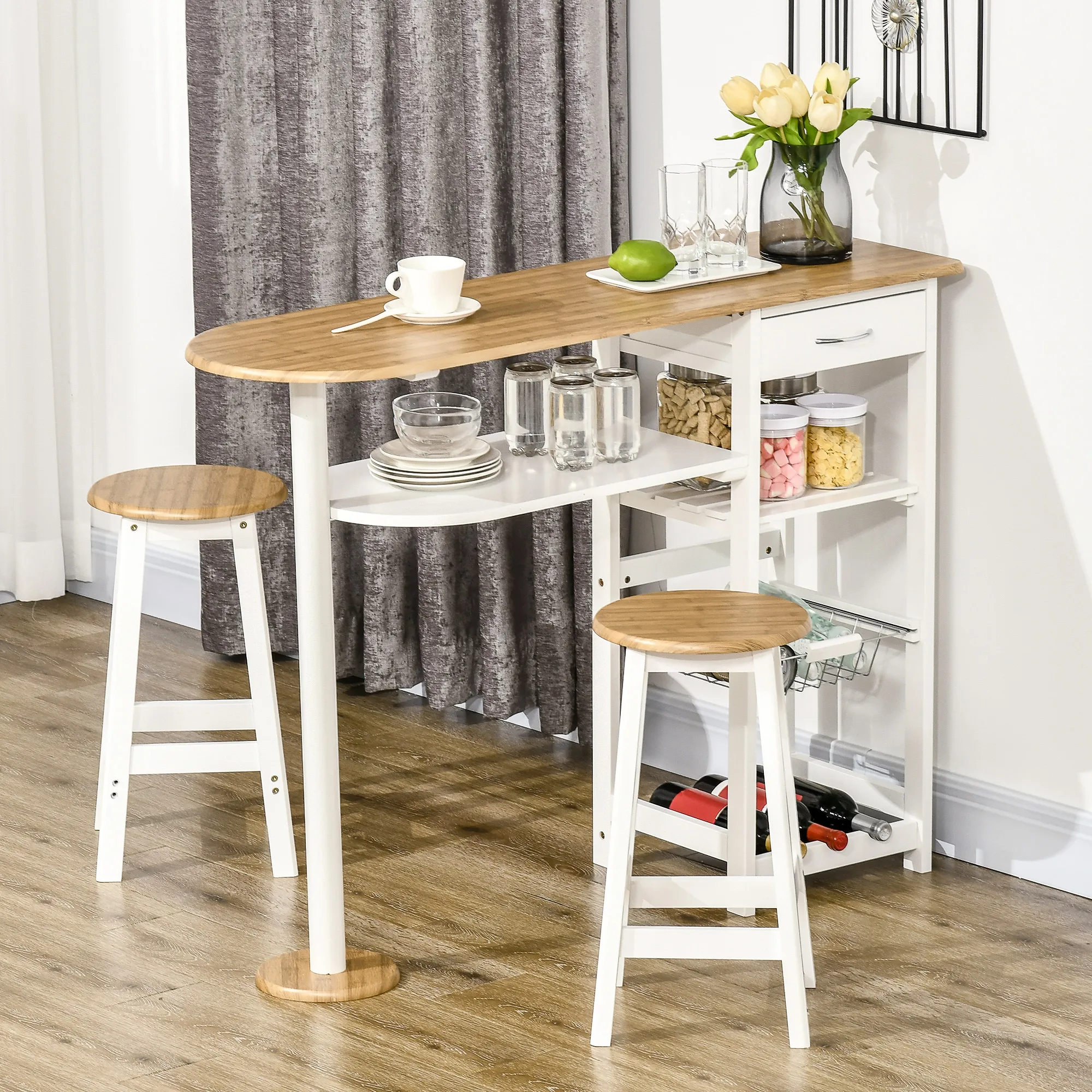 HOMCOM Set de Mesa de Bar de 119x38,5x88,5 cm con Cesta Extraíble y Botellero y 2 Taburetes de 29x29x55 cm Blanco