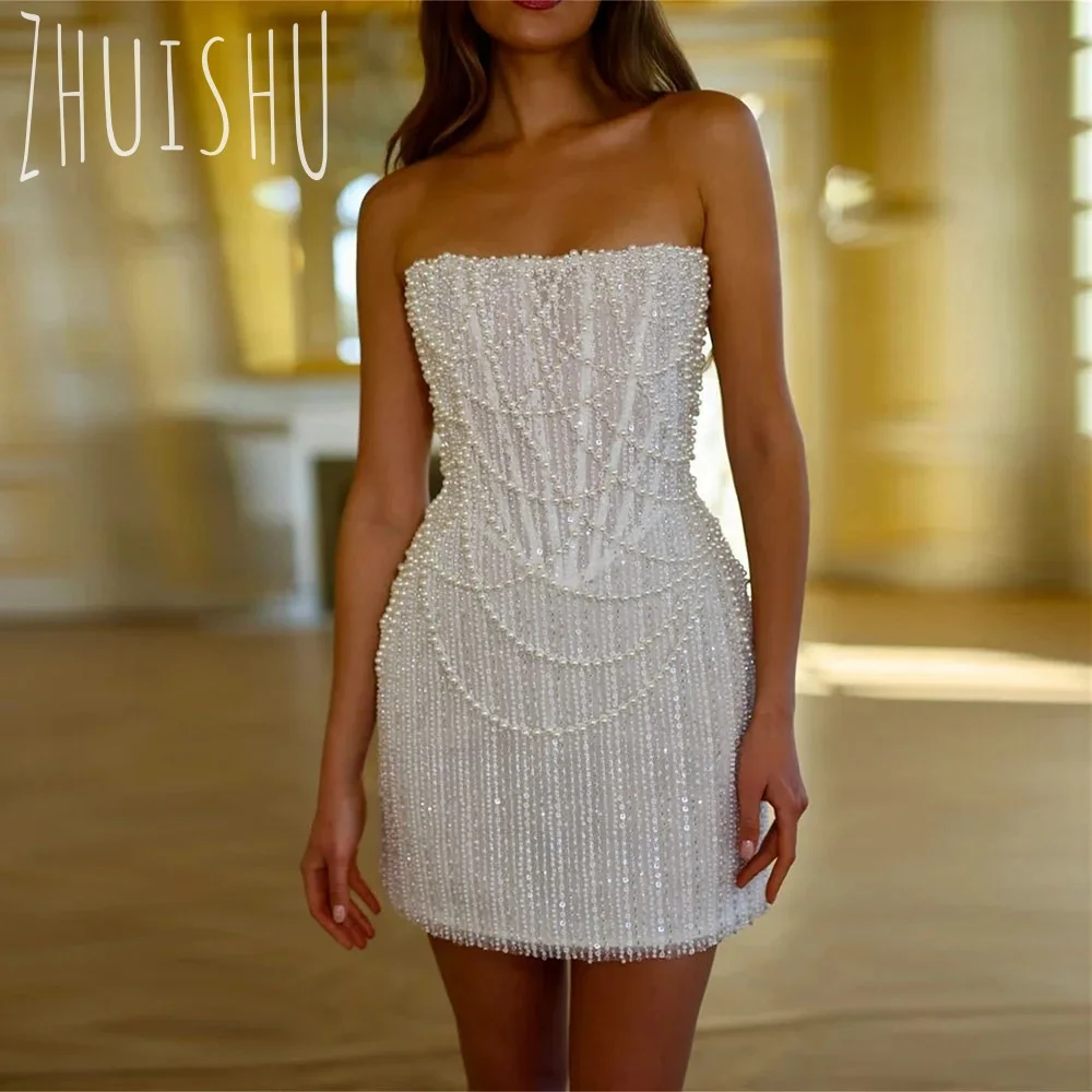 ZHUISHU Abito da sposa corto di lusso 2025 Perle che bordano senza spalline aperto sul retro Abiti da festa Mini abiti da sposa Boda personalizzati