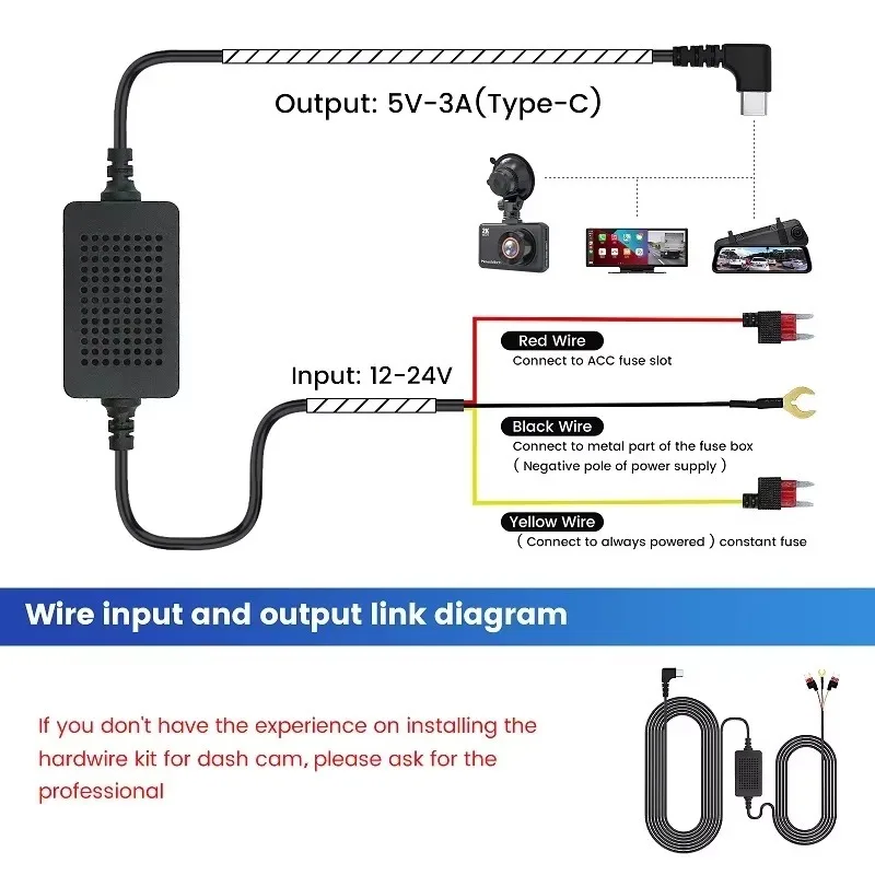 Auto-Recorder-Stromkabel, Dashcam-Hardwire-Kit, USB-DVR-Aufladegerät, Kabelsatz, 1 Set, 12 V auf 5 V, 4 Sicherungssatz