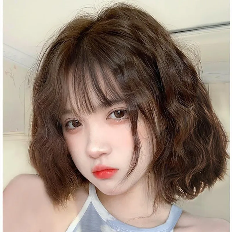 Extensões de cabelo sintético para mulheres, cabeça respirável, peruca encaracolada comprimento do ombro, cabelo feminino jovem, estilo coreano, chapéu