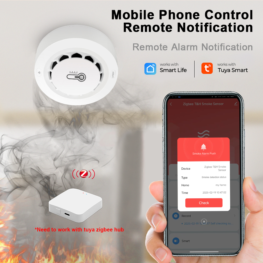 Tuya Zigbee BT Two Connection Smoke Detector Temperature Humidity Measurement Device 80dB Sound Alarm Remote Push Alert Function
