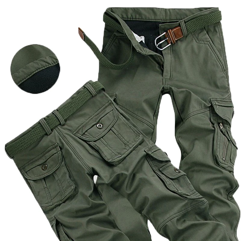 Jogger solto casual masculino com bolso de pele, calça grossa quente de carga, calças de lã plus size, moda escovada, trabalhador masculino, inverno