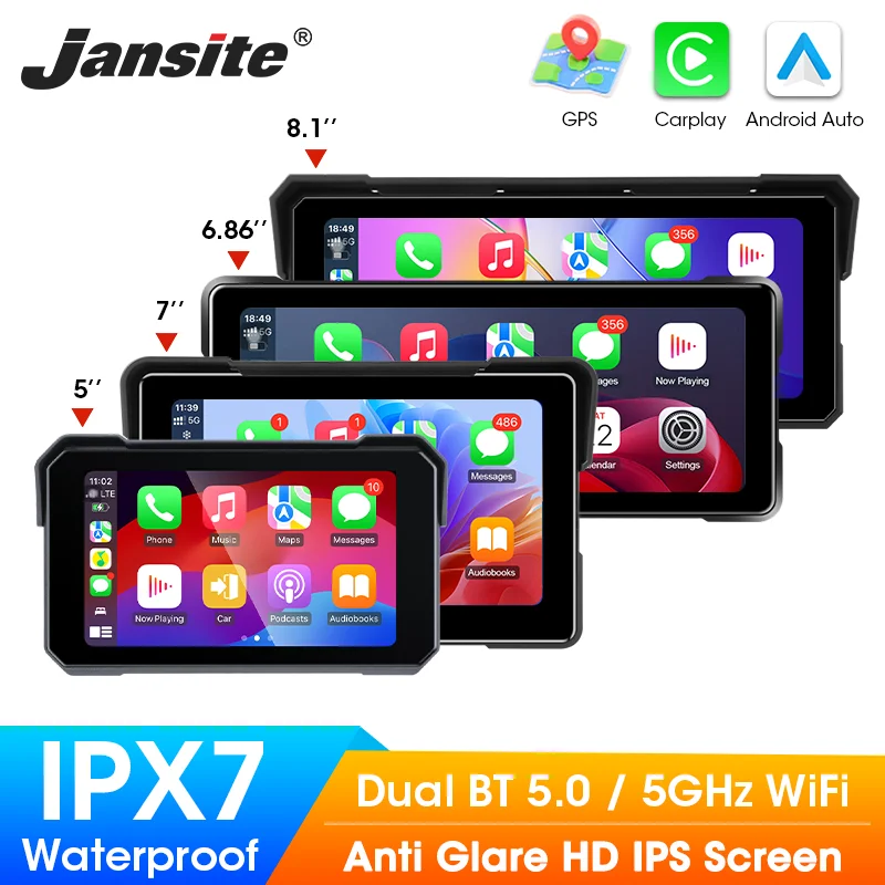 Jansite Ekran wyświetlacza motocykla Carplay Moto Nawigacja Przenośna cyfrowa deska rozdzielcza Motobike Android Auto Wodoodporny monitor BT