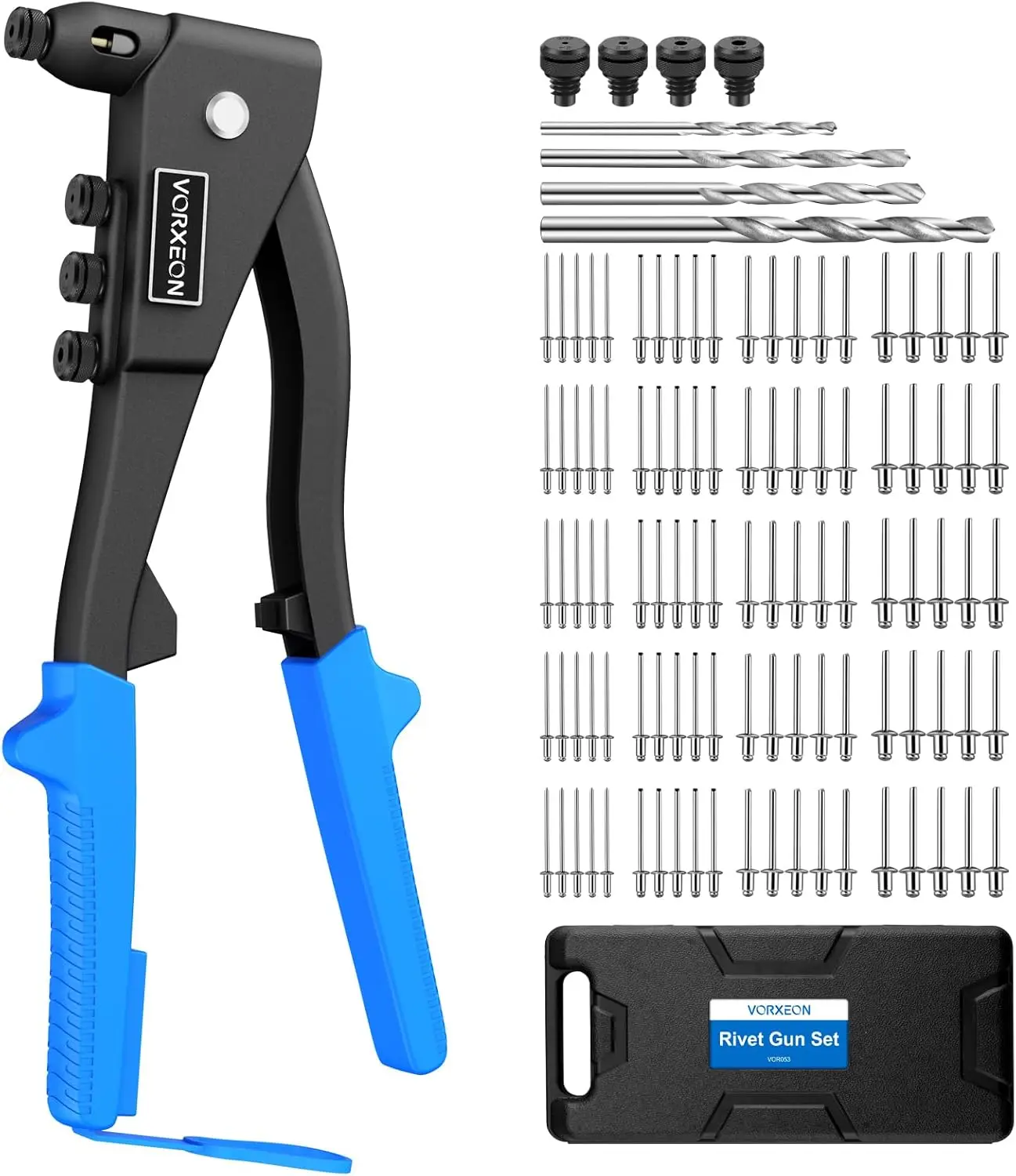 Zestaw pistoletu do nitów Pop 3/32"-3/16", 4 wiertła, 100 nitów, dysze szybkie, metal/meble/automobiel