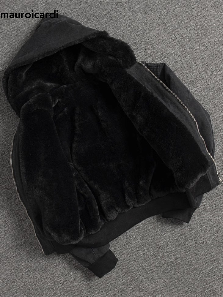 Mauroicardi Autumn Winter Short Thickened Warm Oversized Canvas Washed Padded Jacket with Faux Fur Inside Loose Casual Hoodie