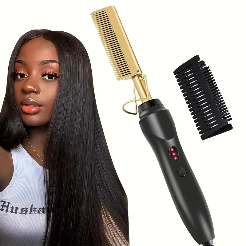 Multi Functional Electric Copper Comb Straightener, Dual-purpose for Comb, Perm Stick, Curly and Straight Hair