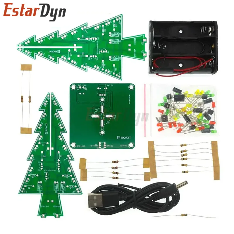 Kit de bricolaje LED de árbol de Navidad 3D tridimensional, Kit de circuito de Flash LED rojo/verde/amarillo, Suite electrónica divertida