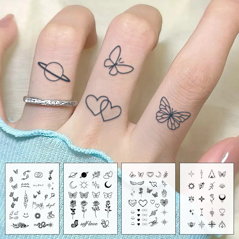 Autocollants de tatouage temporaire imperméables à petits motifs, imperméables longue durée pour une à deux semaines, tatouages au doigt pour femmes.