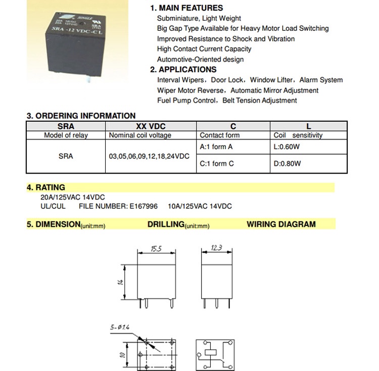 5-20PCS 5V 12V 24V 20A 4Pin 5Pin DC Power Relais SRA-05VDC-AL-CL SRA-12VDC-AL-CL SRA-24VDC-AL-CL PCB Typ Automobil Relais