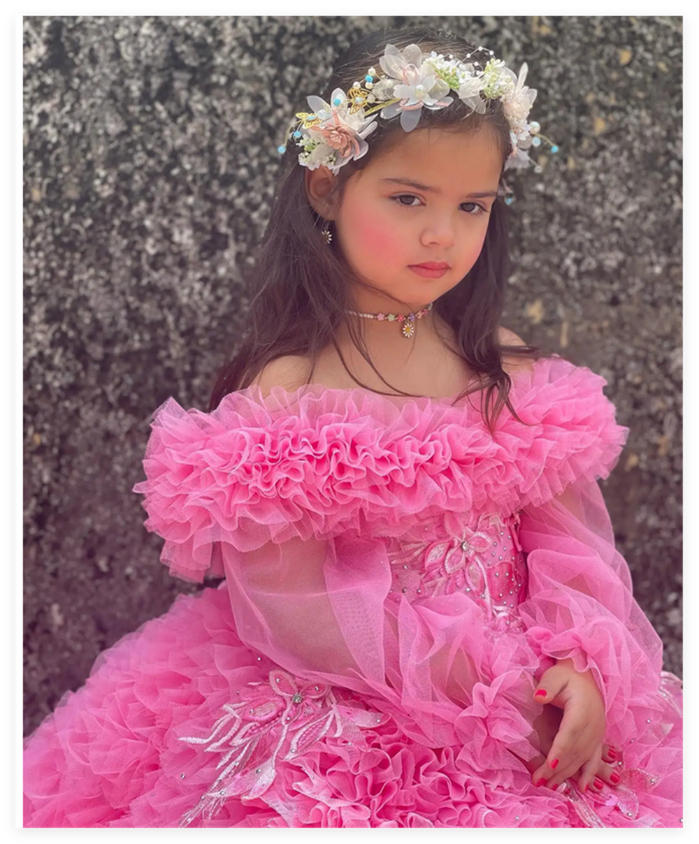 Luxuriöses rosa Blumenmädchenkleid für Hochzeit, Party, Applikation, extra bauschig, Prinzessin, heiliges Erstkommunionkleid mit langen Ärmeln