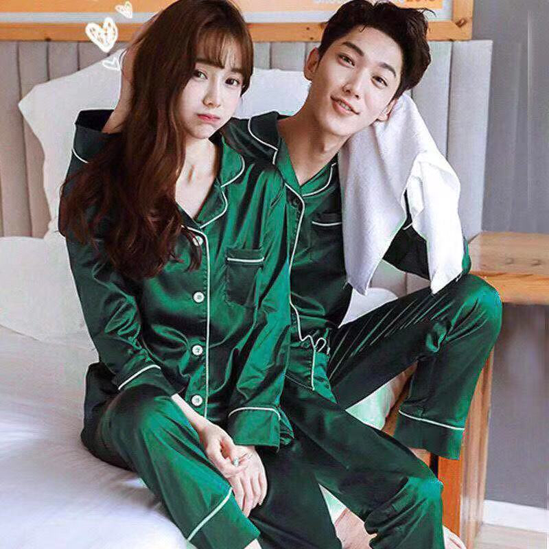 Ropa de dormir para parejas, conjuntos de Pijama de satén de seda de Color sólido, Pijama largo con botones, ropa de hogar de talla grande, pijamas para mujeres y hombres, ropa de descanso