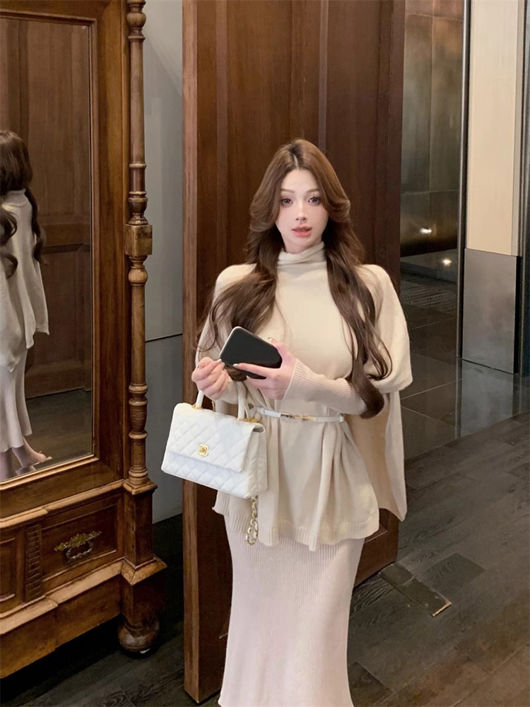 ファッショナブルなニットケープセット女性のベルト付きスリムフィットドレススリーピーススイート春 2025 新着エレガントなハイエンド感