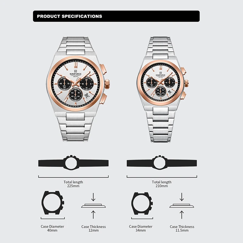 NAVIFORCE แบรนด์หรูนาฬิกาคนรักสายเหล็กควอตซ์นาฬิกาข้อมือโครโนกราฟกันน้ําแสดงวันที่ของขวัญคู่ต้นฉบับ