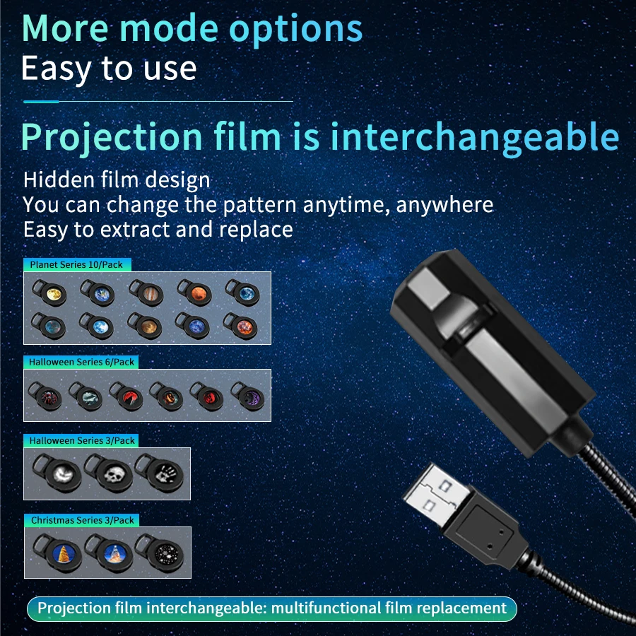 โคมไฟฉายโปรเจคเตอร์ขนาดเล็กแบบ USB ลายใหม่ล่าสุด สำหรับเทศกาลฮาโลวีน/คริสต์มาส/ธีมดาวเคราะห์  ไฟสร้างบรรยากาศ ลายเปลี่ยนได้ ของตกแต่งเทศกาล ของขวัญ