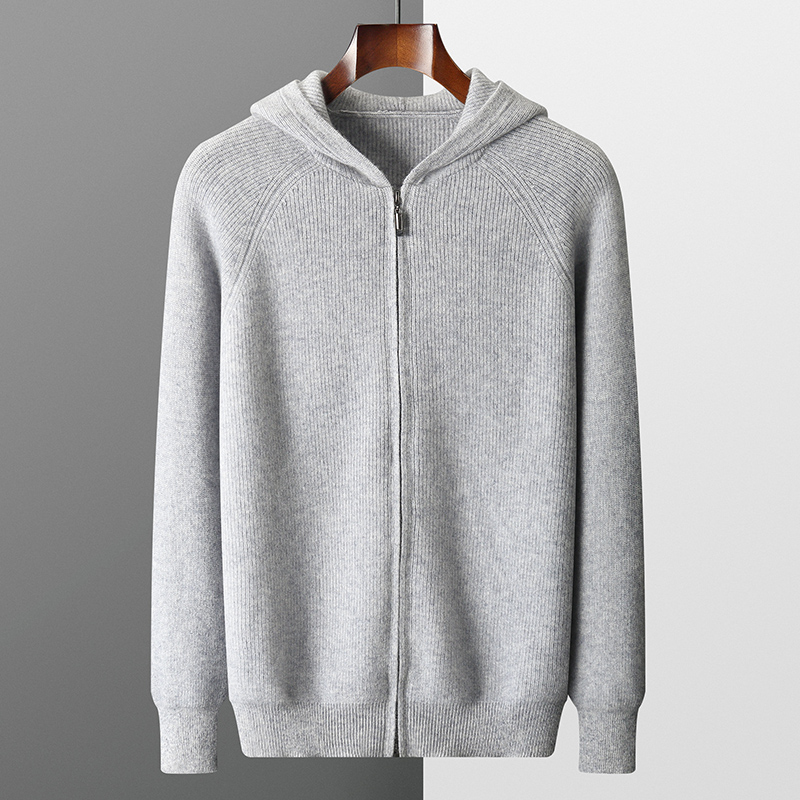 Herren-Strickjacke mit Kapuze, Herbst und Winter, verdickter Strick, große Jacke, 100 % Merinowolle, lässiger langärmeliger Sportbekleidungsmantel